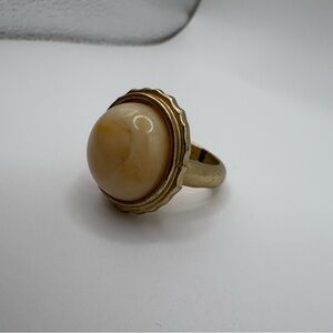 Vintage Gold Tone Cocktail Ring with Large Cream Dome Cabochon – Size 8